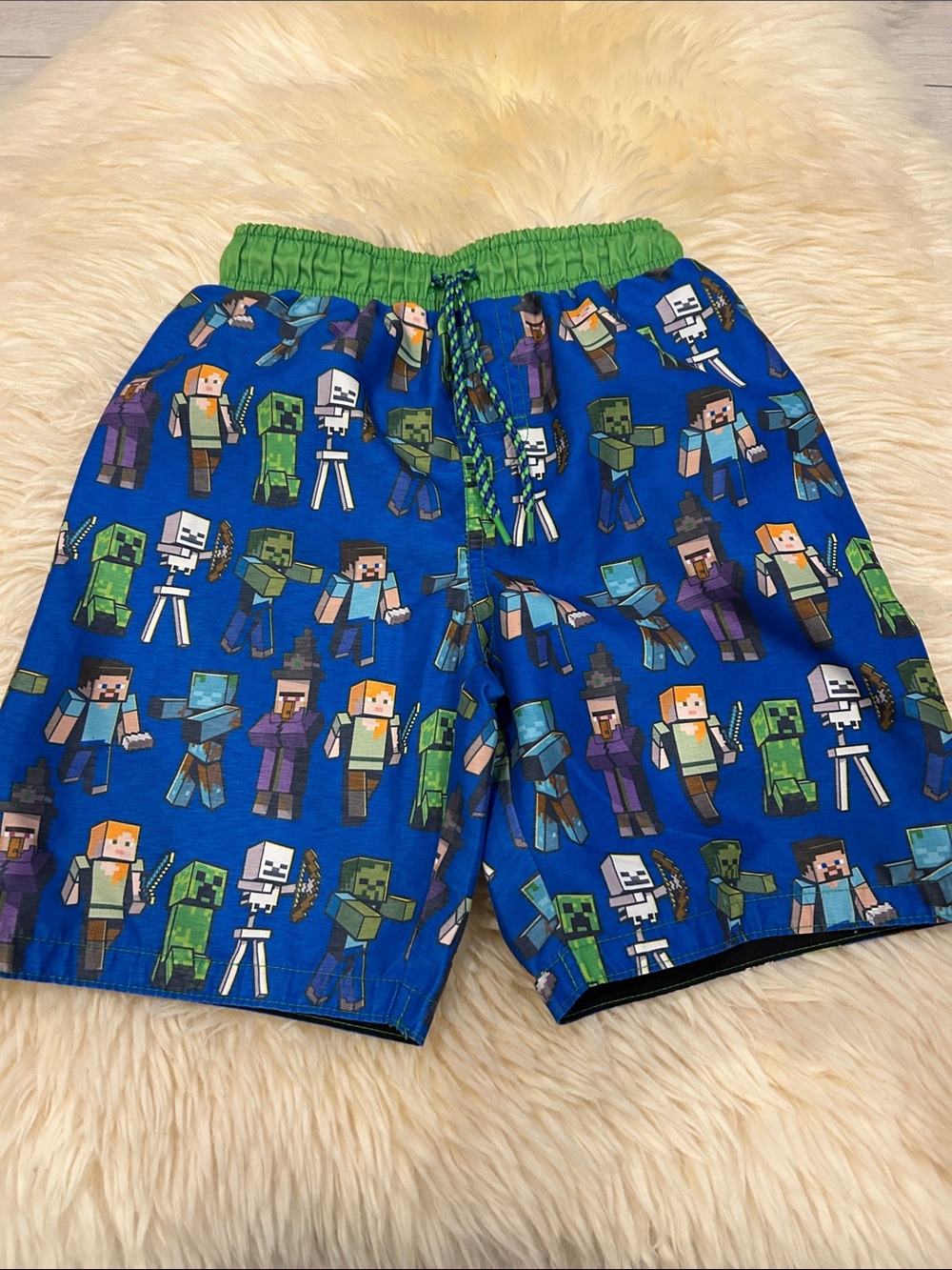 Blue Kids Minecraft Swim Trunks with Green Waistband